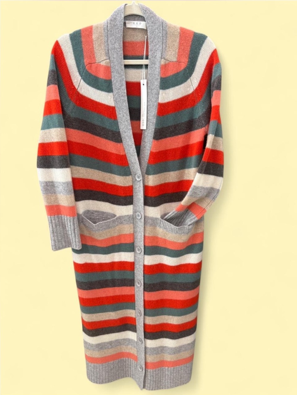 OGD One Grey Day Morgan Duster 100% Cashmere Poppy Stripe Cardigan Sweater Small